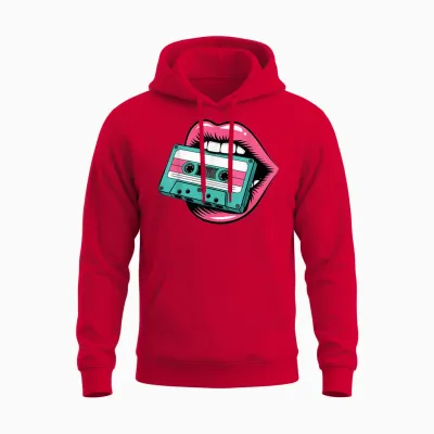 Nostalgic Vibes of the 80s and 90s: Vibrant Lips, Cassette Unisex Hoodie - Red