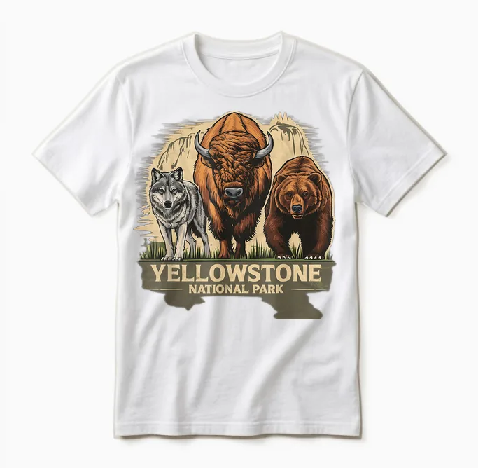 Yellowstone American National Park Wolf, Bison and Bear Vintage T-Shirt, Black, S Unisex T-Shirt in White