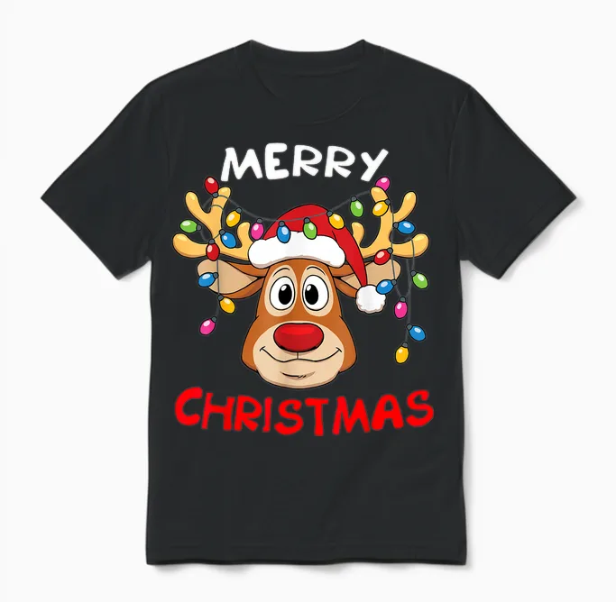 Merry Christmas Reindeer Xmas Family Men Women Unisex T-Shirt in Black