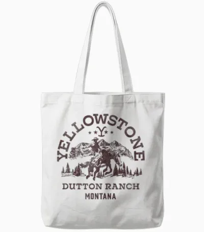 Yellowstone Dutton Ranch Montana Western Cowboy Logo T-Shirt, White Tote Bags - White