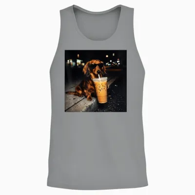 Funny Dachshund Drinking Iced Coffee Cute Dog Meme Humor Unisex Tank Top - Sport Grey