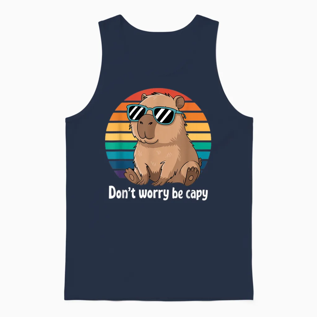 Capybara Dont Worry Be Cappy Boys Girls Funny Retro Capybara T-Shirt, Black Unisex Tank Top in Navy