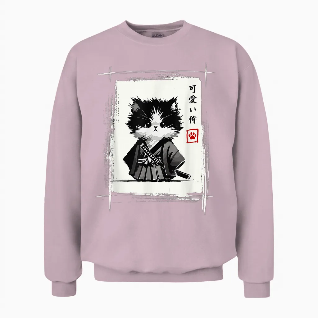 Samurai Cat Japanese Art Sumi-E Novelty Kawaii Funny Cat Unisex Sweatshirt in Light Pink