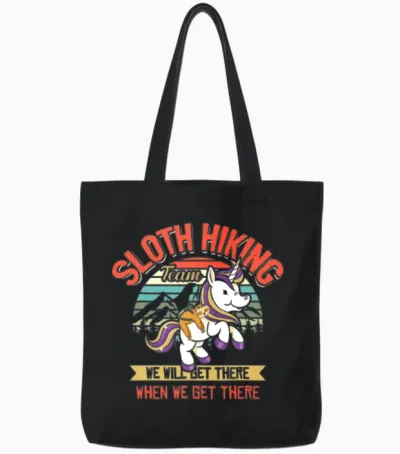 Sloth Hiking Team Sloth Riding Unicorn Hiking Tote Bags - Black