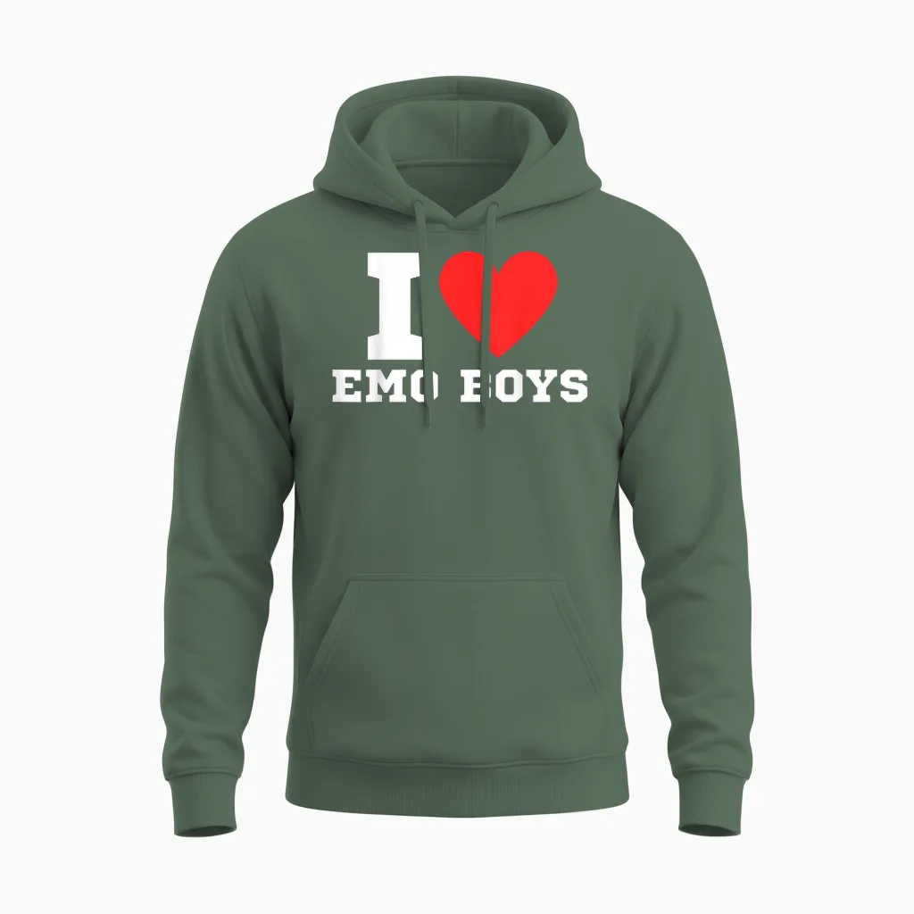 I Love Emo Boys | Y2k | Red Heart | Love | Emo | Scene T-Shirt, Black, S Unisex Hoodie in Military Green