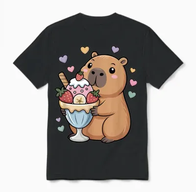 Capybara Cartoon with Ice Cup Shaped Water Pig Unisex T-Shirt - Black