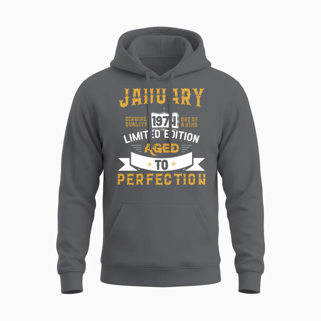 January 1974 Limited Edition Aged to Perfection Unisex Hoodie in Charcoal