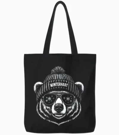 Hardy Bear with Hat Ski Snowboard Ski Party Winter Tote Bags - Black