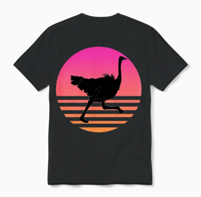 Ostrich Running Retro Sunset Unisex T-Shirt - Black