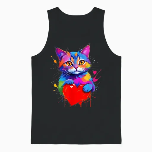 Cat Shirt - Colorful Graphic Cat Heart Shape T-Shirt, Black, S Unisex Tank Top - Black
