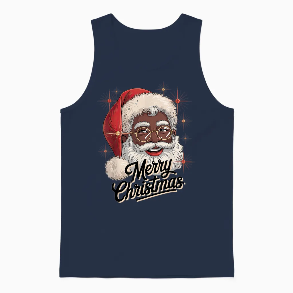 African American Santa Christmas Black Xmas Unisex Tank Top in Navy