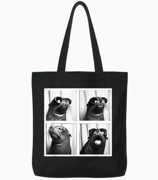 Seal with Sunglasses Cool Sea Lion Ocean Animal Photobooth Tote Bags in Black