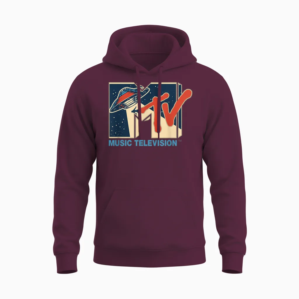 Mademark X Mtv - Mtv Logo Alien Ufo Space Ship Teleporting Beam in Space Mtv Unisex Hoodie in Maroon