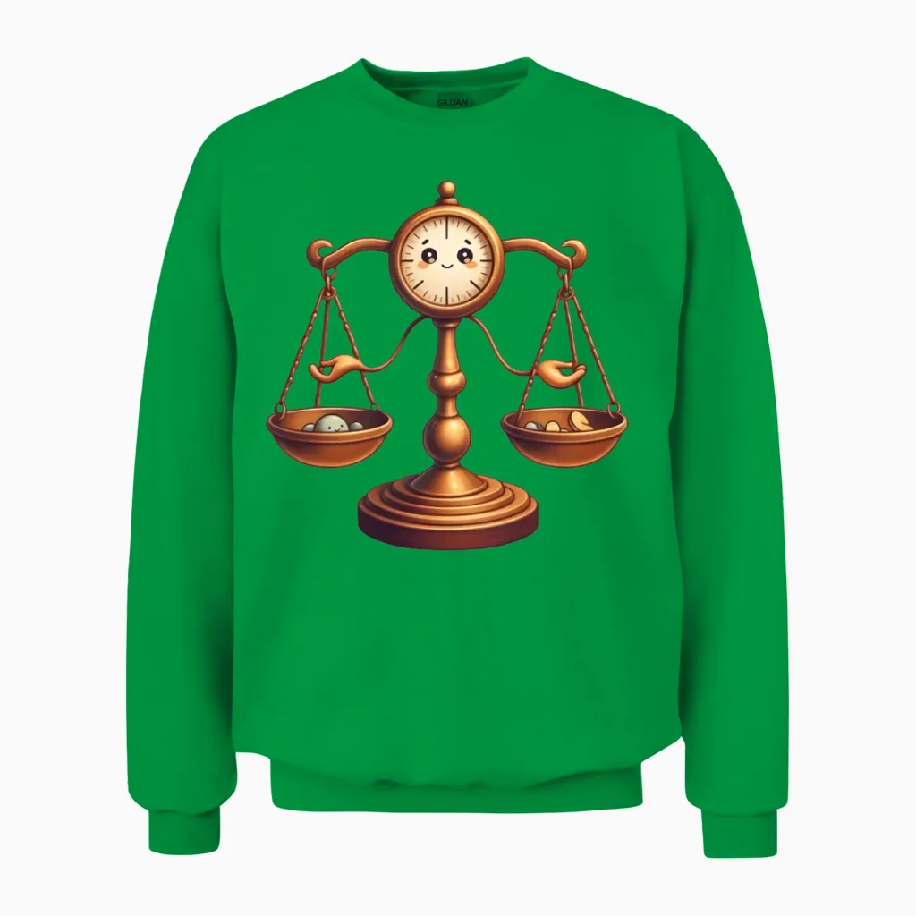 Vintage Balance Scale Illustration with Clock Face Unisex Sweatshirt in Irish Green