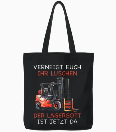 Men's T-Shirt with German Text "lagergott Ist Da Stapler Lagerist" [german Language], Black Tote Bags - Black