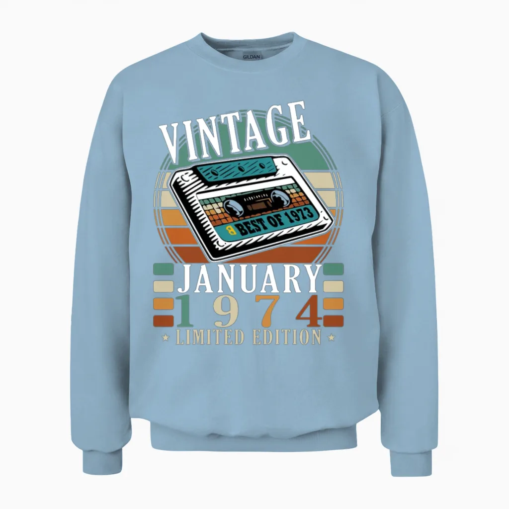 January 1974 Vintage Birthday Present Unisex Sweatshirt in Light Blue