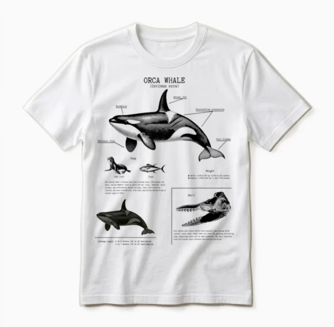Orca Whale Anatomy Wall Lover Marine Biologist T-Shirt, White Unisex T-Shirt in White