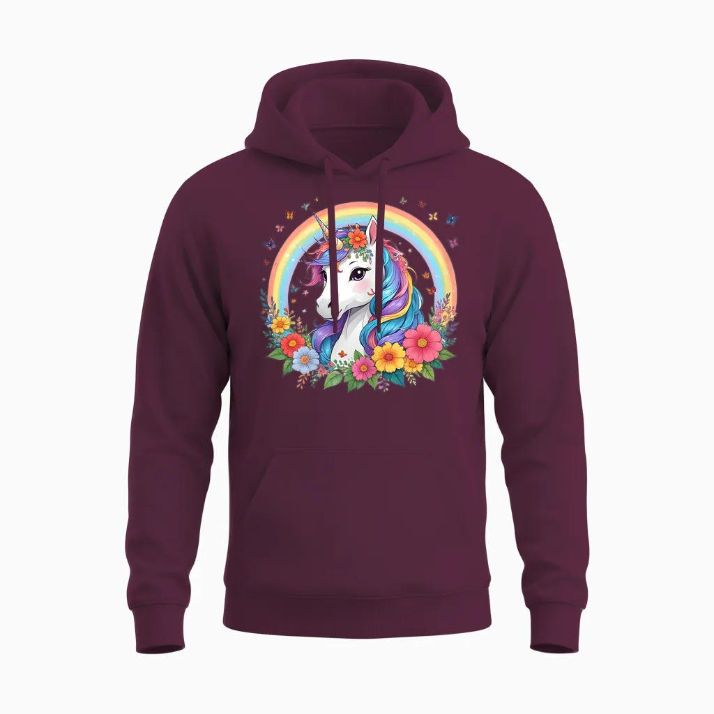 Cute Unicorn Girl with Rainbow Unicorn Unisex Hoodie in Maroon