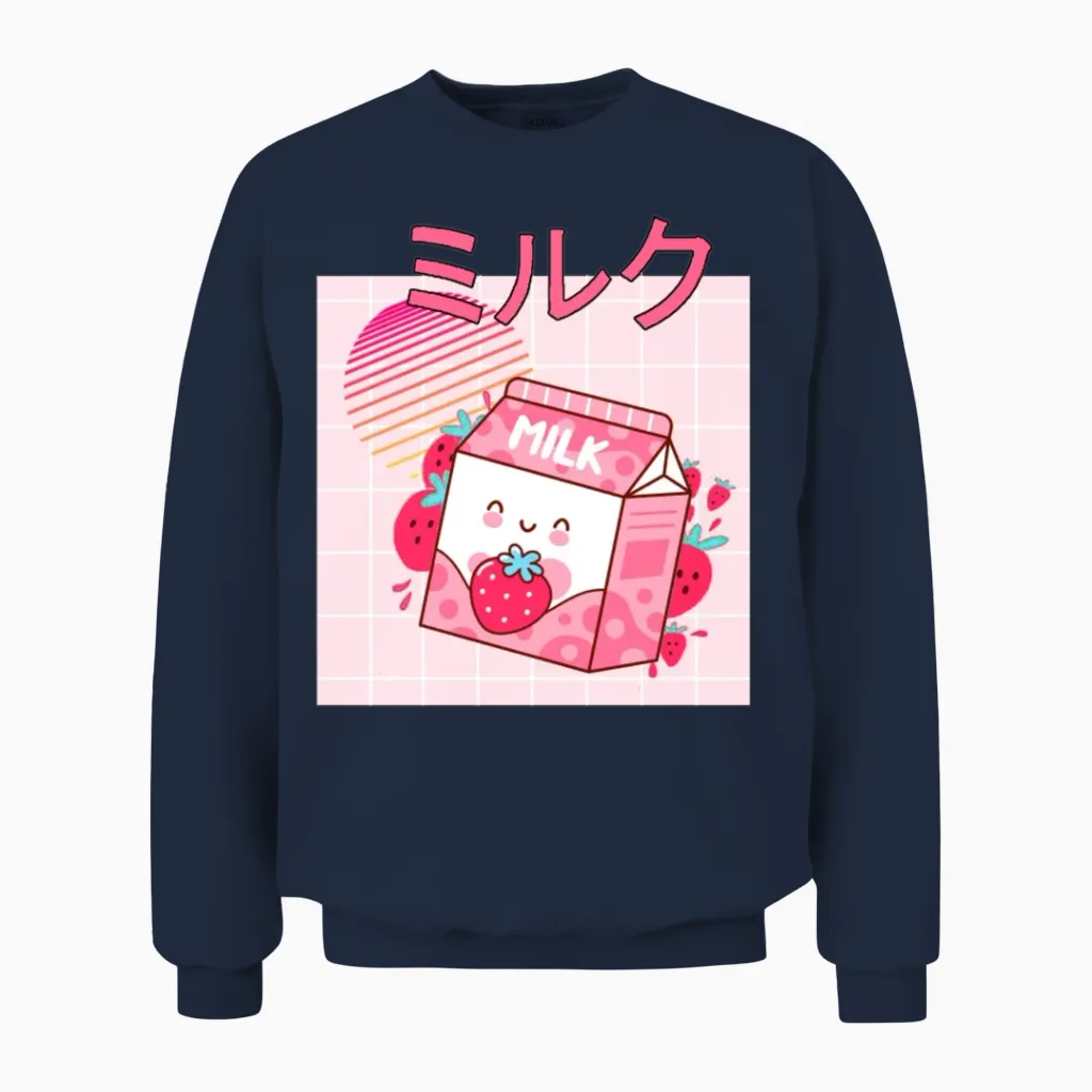 Retro 90s Japanese Kawaii Strawberry Milk Shake Unisex Sweatshirt - Navy