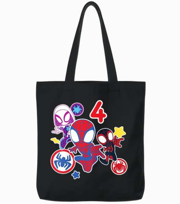 Children's Marvel Spidey and His Amazing Friends 4 Year Old Birthday T-Shirt, Black Tote Bags in Black