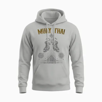 Tattoo Muay Thai Buddha Kickboxing Cultural Asian Sak Yant T-Shirt, Black, S Unisex Hoodie - Ash