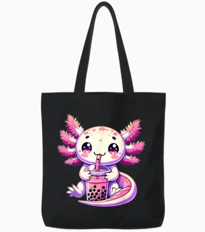 Axolotl Boba Tea Bubble Tea Anime Cute Kawaii Axolotl Tote Bags - Black