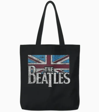 The Beatles British Flag Red, White, and Blue Short Sleeve Tote Bags - Black