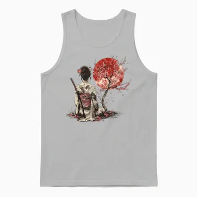 Japanese Samurai Sakura Cherry Blossom Japanese Geisha T-Shirt, Black, S Unisex Tank Top - Ash