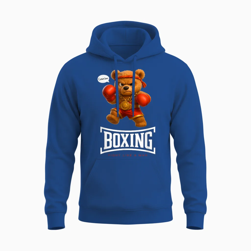 Cool Teddy Bear Man Boxing Fight Style Illustration Graphic Unisex Hoodie in Royal
