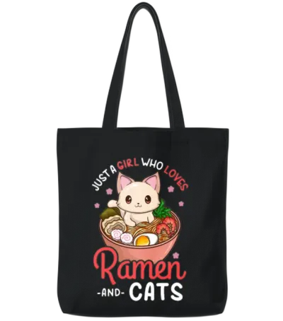 Ramen Cat Anime Tote Bags - Black