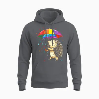 Cute Hedgehog Pattern Rainbow Umbrella T-Shirt, Black, S Unisex Hoodie - Charcoal