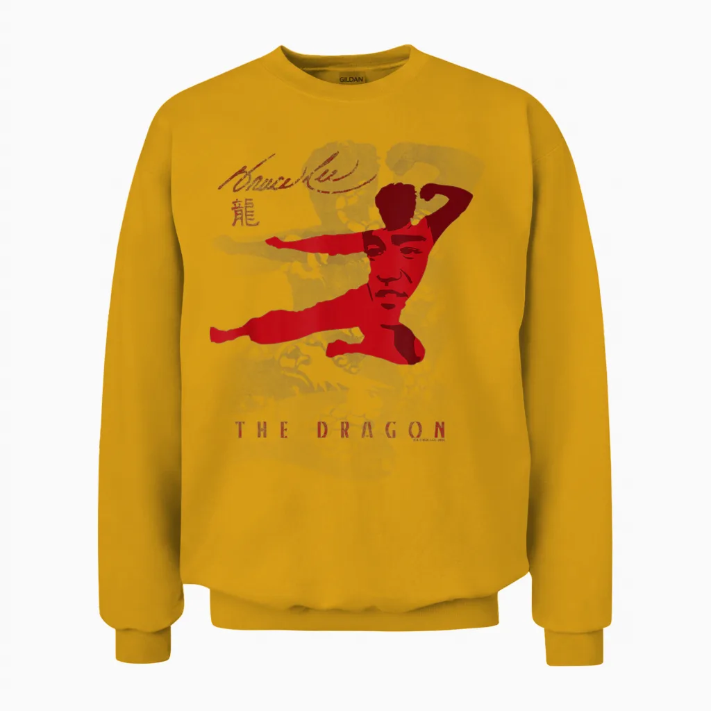 Bruce Lee the Dragon Flying Kick Silhouette Vintage T-Shirt, White Unisex Sweatshirt in Gold
