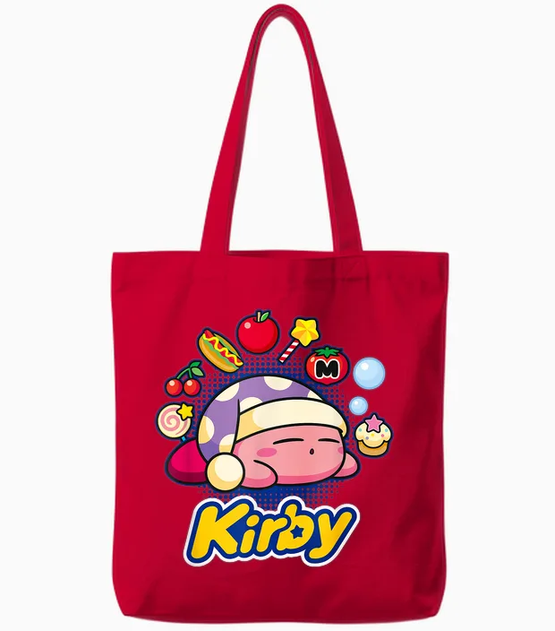 Kirby Sleeping Dreaming About Many Tasty Little Trinkets Tote Bags in Red