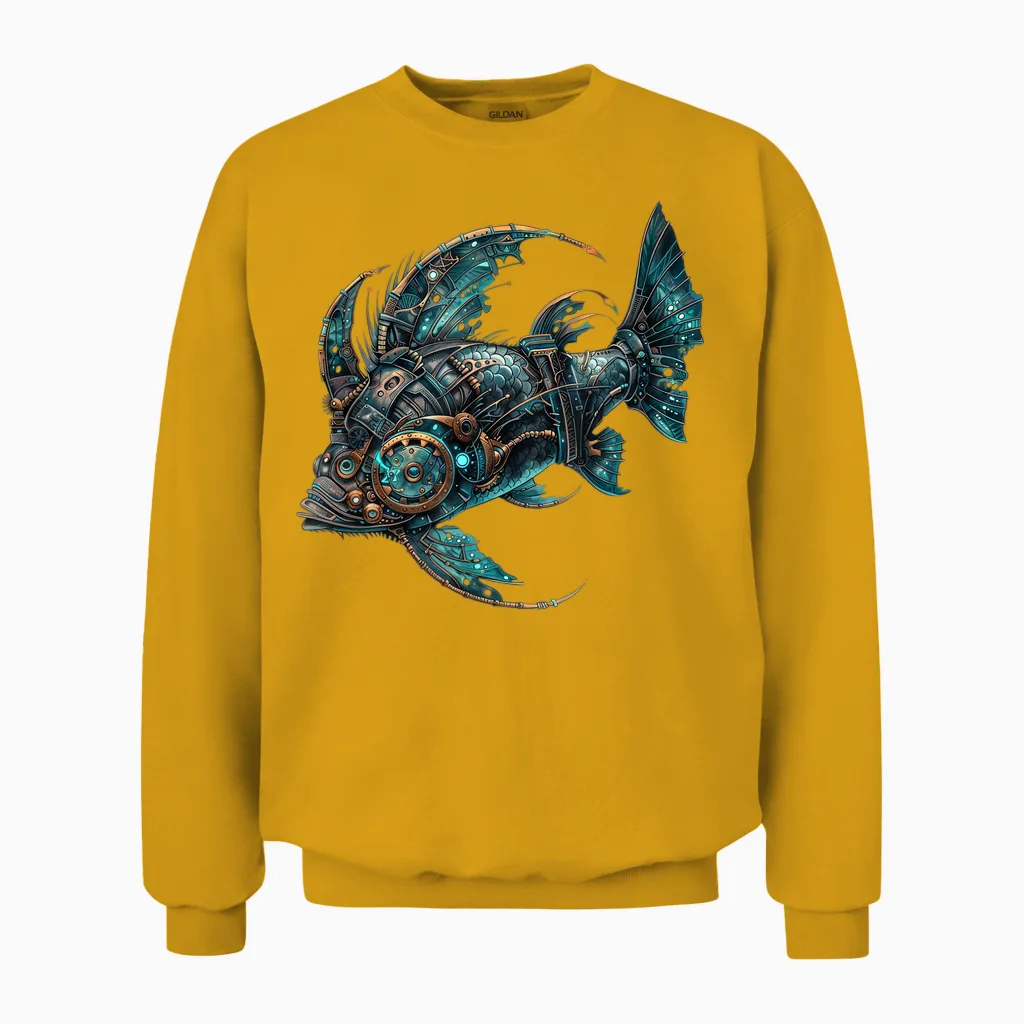 Vintage Steampunk Fisch Damen Herren Illustration Unisex Sweatshirt in Gold