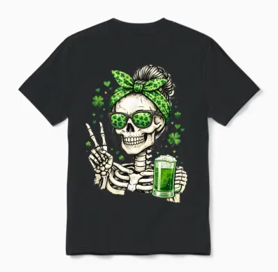 Skull Sunglass Messy Bun Irish Funny St Patrick's Day Women Unisex T-Shirt - Black