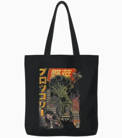 Ilustrata Official Broccozilla Brokkoli Monster Japanisches Kaiju Lustiger Brokkoli T-Shirt Schwarz S Crew-Ausschnitt Halbarm Unisex Damen Anime Cartoon Classic T-Shirt Halloween Tote Bags - Black