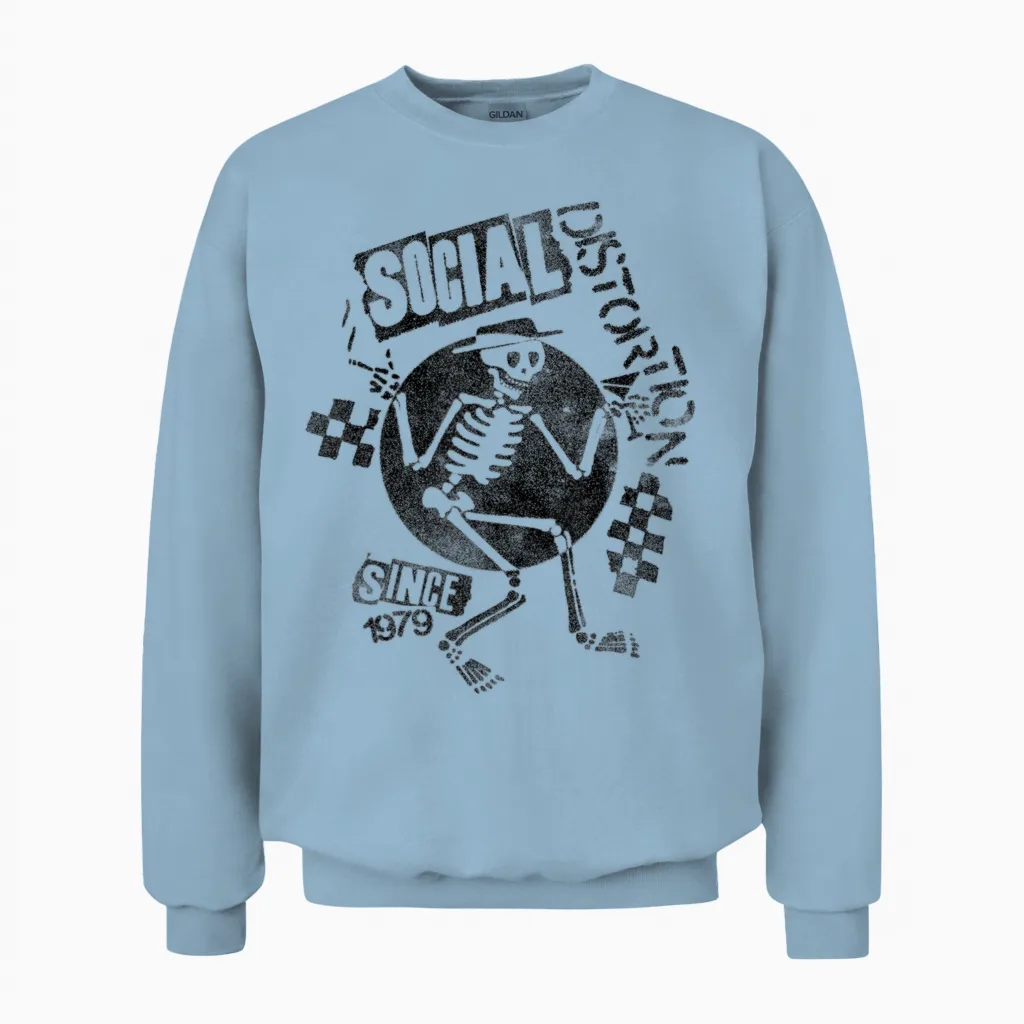 Offizielles Social Distortion Black Spray Skelly Unisex Sweatshirt in Light Blue