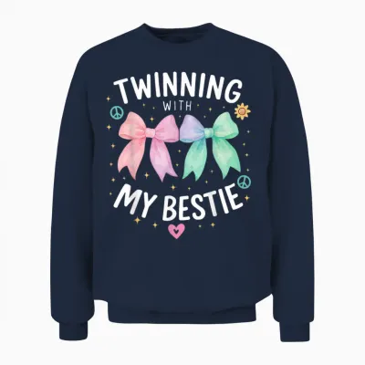 Twinning with My Bestie, Spirit Week Girls Kids Twin Day Bow Unisex Sweatshirt - Navy
