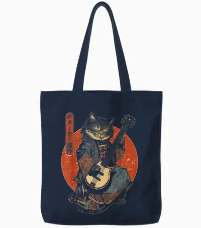 Japanese Samurai Cat Playing Electric Guitar T-Shirt, Black, S Tote Bags - Navy