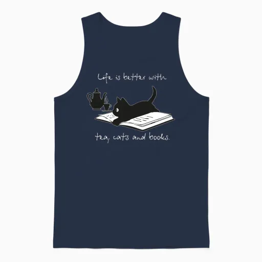Life Is Better with Tea, Cats and Books Unisex Tank Top in Navy