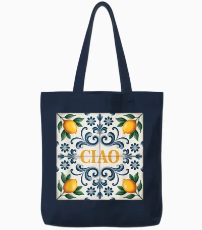 Ciao Lemon Italian Tile Mediterranean Lemons Tote Bags - Navy
