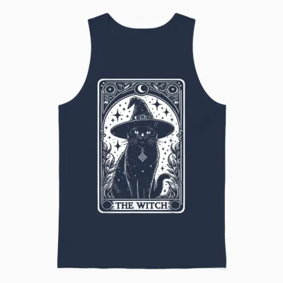 The Witch Cat Halloween Vintage Gothic Tarot Card T-Shirt, Black Unisex Tank Top - Navy