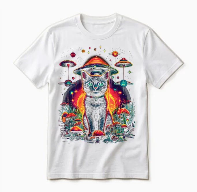 Psychedelische Katze Im Weltraum Trippy Alien Galaxy Visual Unisex T-Shirt in White