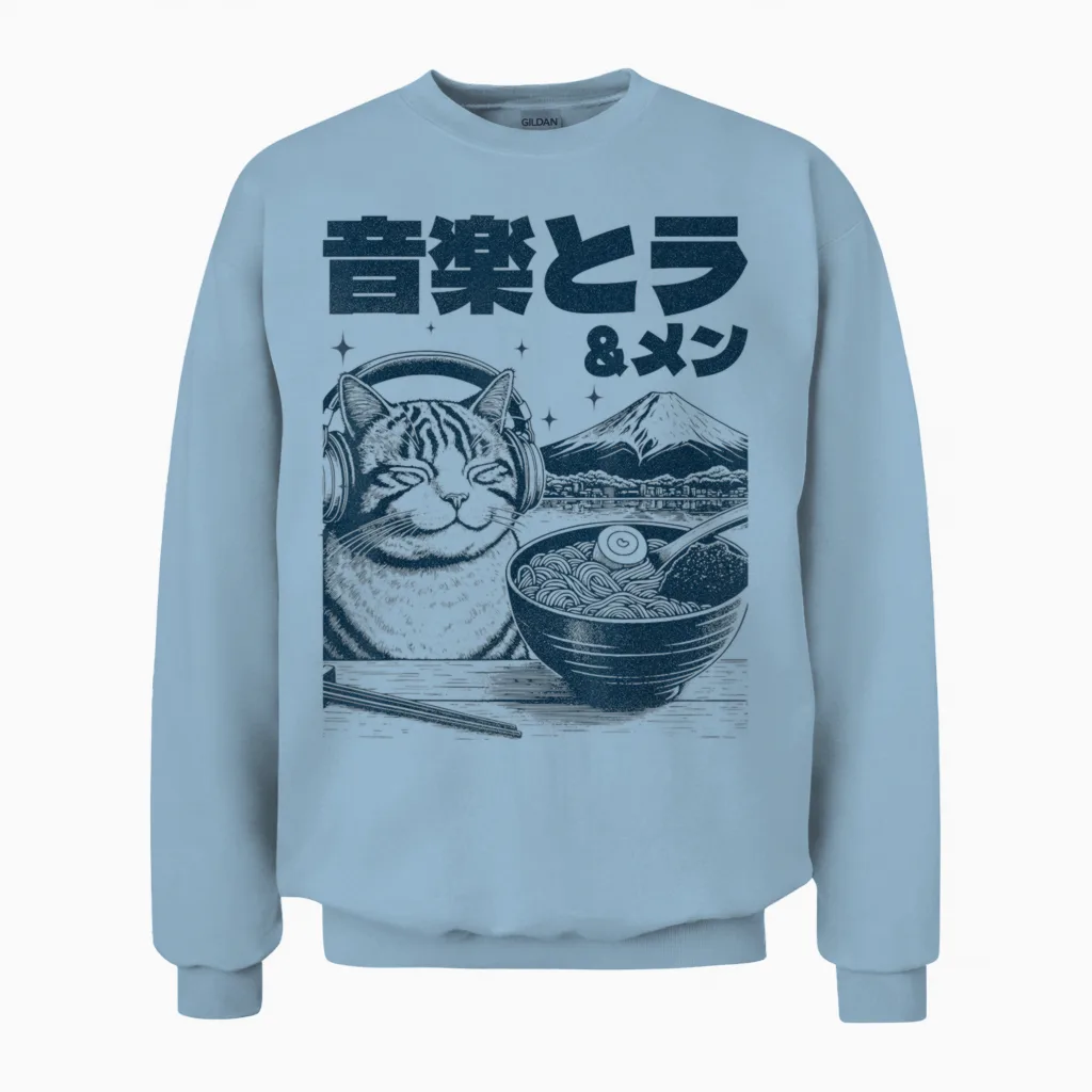 Music & Ramen Cat Neko Japan Ramen Noodle Cat T-Shirt, Gray, S Unisex Sweatshirt in Light Blue