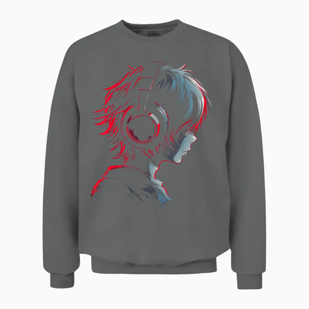 Anime Manga Graphic Headphones Artwork Anime T-Shirt, Black Unisex Sweatshirt in Graphite Heather