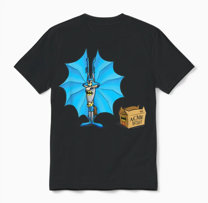 Wb 100: Looney Tunes Batman Mashup Wile E. Coyote Acme T-Shirt, Blue, S Unisex T-Shirt in Black