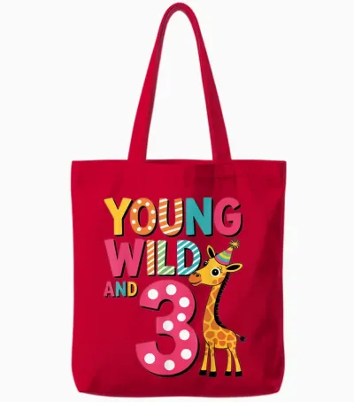 Young Wild and Three Cute Giraffe Kids Birthday Age 3 Tote Bags - Red
