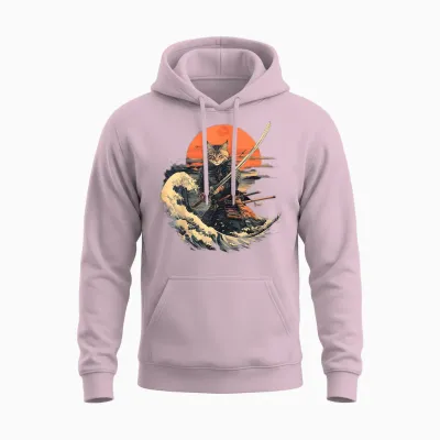 Samurai Cat Graphic Tee Warrior Vintage Japanese Art Anime T-Shirt for Men Women Girls Kids Unisex Hoodie - Light Pink