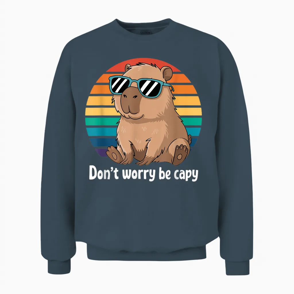 Capybara Dont Worry Be Cappy Boys Girls Funny Retro Capybara T-Shirt, Black Unisex Sweatshirt in Dark Heather