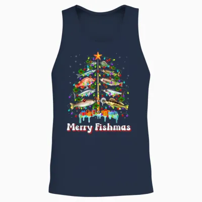 Merry Fishmas Christmas Tree Funny Fish Fishing Fisherman Unisex Tank Top - Navy